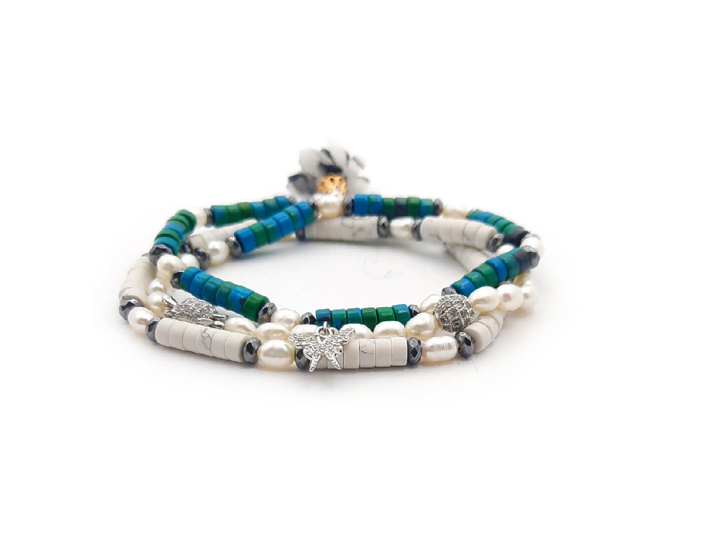 Bracciale Dàimào con perle d'acqua dolce A++, aulite, ematite e giada