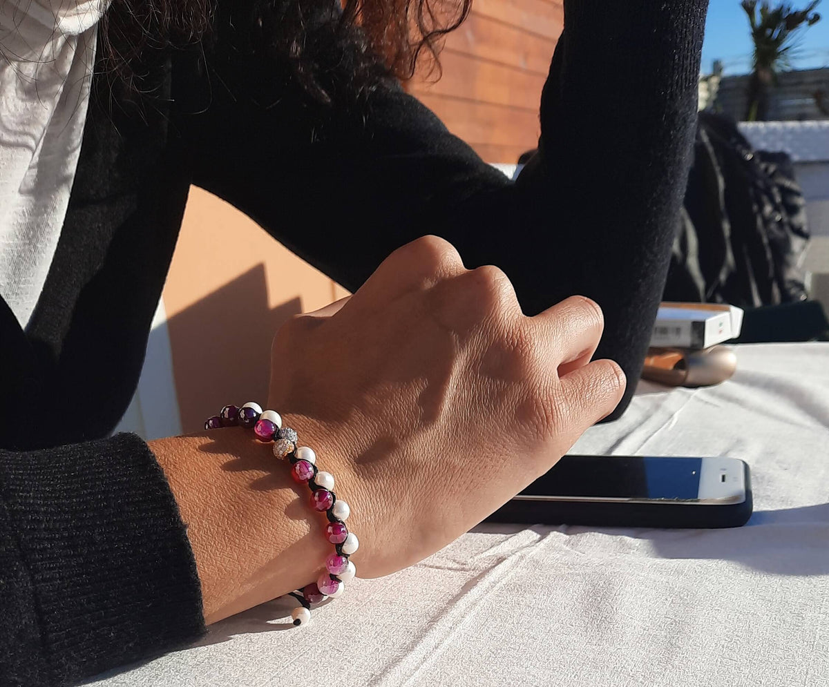Ek Saaht Bracciale Argento 925% Occhio di tigre Perla acqua dolce A++